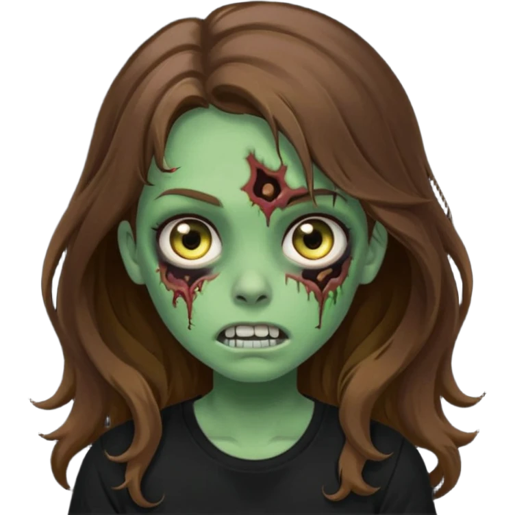crie uma garotazoombie cabelo ondulado 2c longo castanho castanho comprido e blusa básica preta sem nada com pele esverdeada com rosto fofo emoji