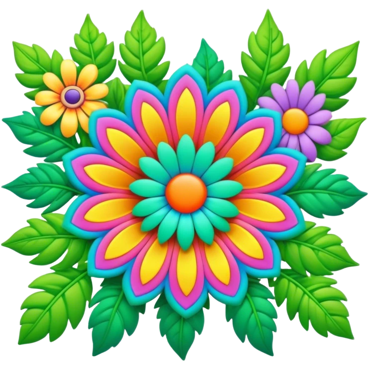 3D, psychedelic colored hippie style flower border with leaves emoji