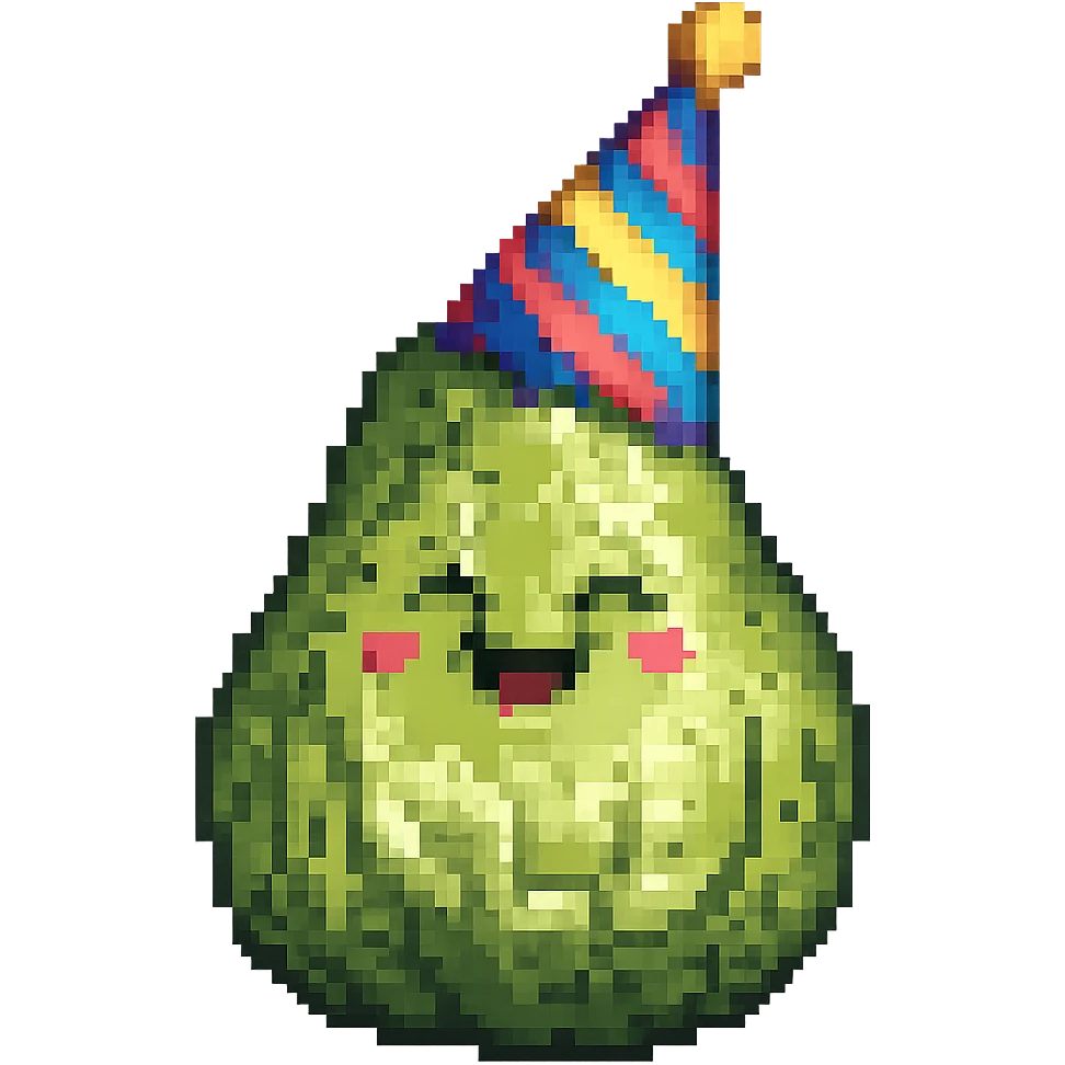 Add a colorful party hat to the happy pear in pixel art style. Keep the pixel art aesthetic and no background. emoji