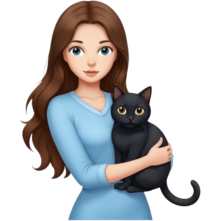 A sexy girl with long hair wearing light blue clothes is holding a black cat emoji
