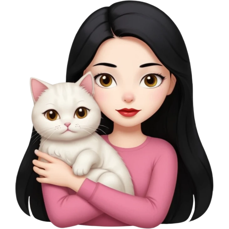 Beautiful Girl Long Hair black, Brows Big , Skin White, Top Pale Pink , Big Red Lips, EyesCoffe , Hug Little baby Persa Cream Cat With Cute Eyes emoji