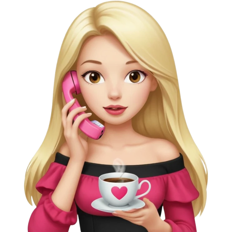 exaggerated features of woman with straight long blond hair, gossiping on a pink analogue phone, holding a tea cup, wearing an off-shoulder black top, red face emoji
