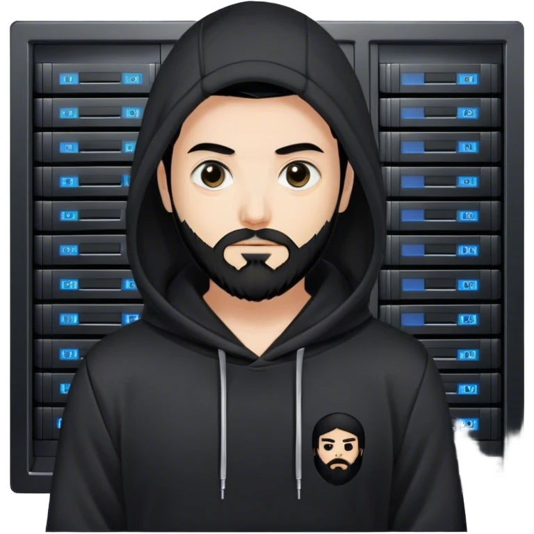 hackeur blanc cheveux noir barbe et capuche noir à côté d'un server ia emoji
