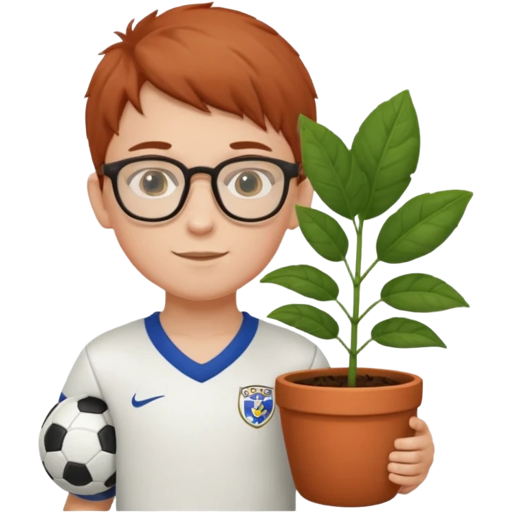 young boy wearing glasses, wearing soccer uniform, holding a plant pot emoji