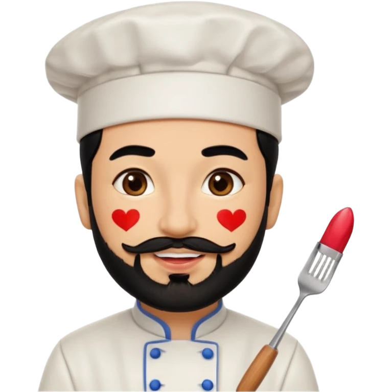 CHEF CON PELO NEGRO Y BARBA NEGRA, OJOS MARRON OSCURO. SONRIE Y TIENE MARCAS DE BESOS CON PINTALABIOS EN FORMA DE LABIOS emoji