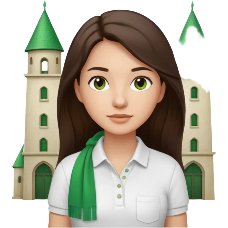 architect woman light skinned dark brown hair in WHITE POLO, long hair but then wearing proper architeture attire green touch of colors emoji
