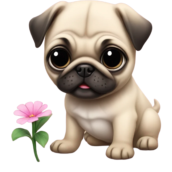 Baby pug playing with a flower pink eyes  emoji