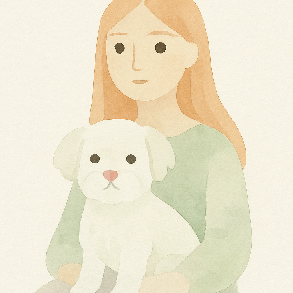 a white Maltese terrier with a pink nose on the lap of a girl with long strawberry blond hair and brown eyes, soft painterly style emoji