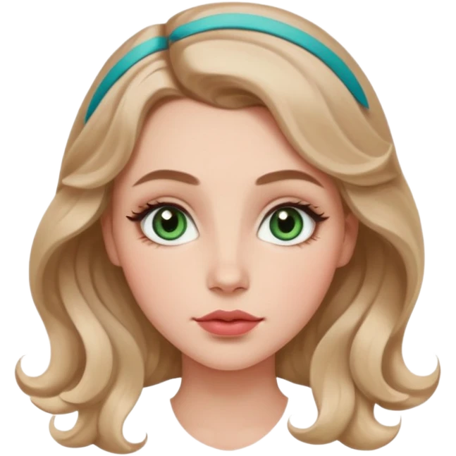 Generate an emoji of a white girl with a round face structure, light brown almost blonde loose curls, large forehead, brown arched brows, almond big green eyes with a lil blue in them, large rosy cheekbones and big rosy lips and a jawline emoji