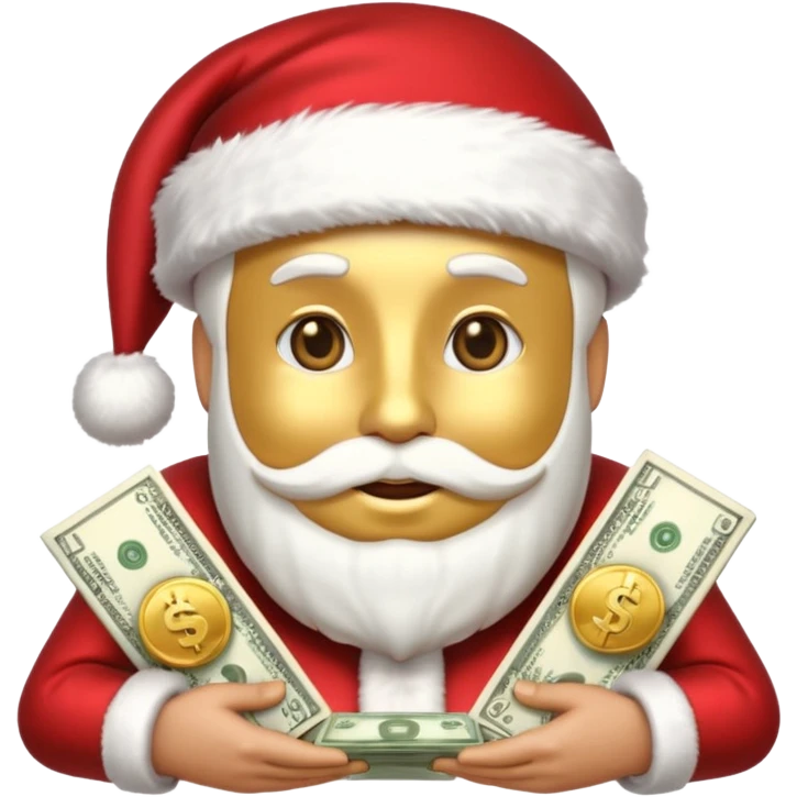 A confident rich emoji face wearing a Santa hat, money stacks, casino vibe, New Year theme, premium 3D emoji style, sharp details, no t emoji