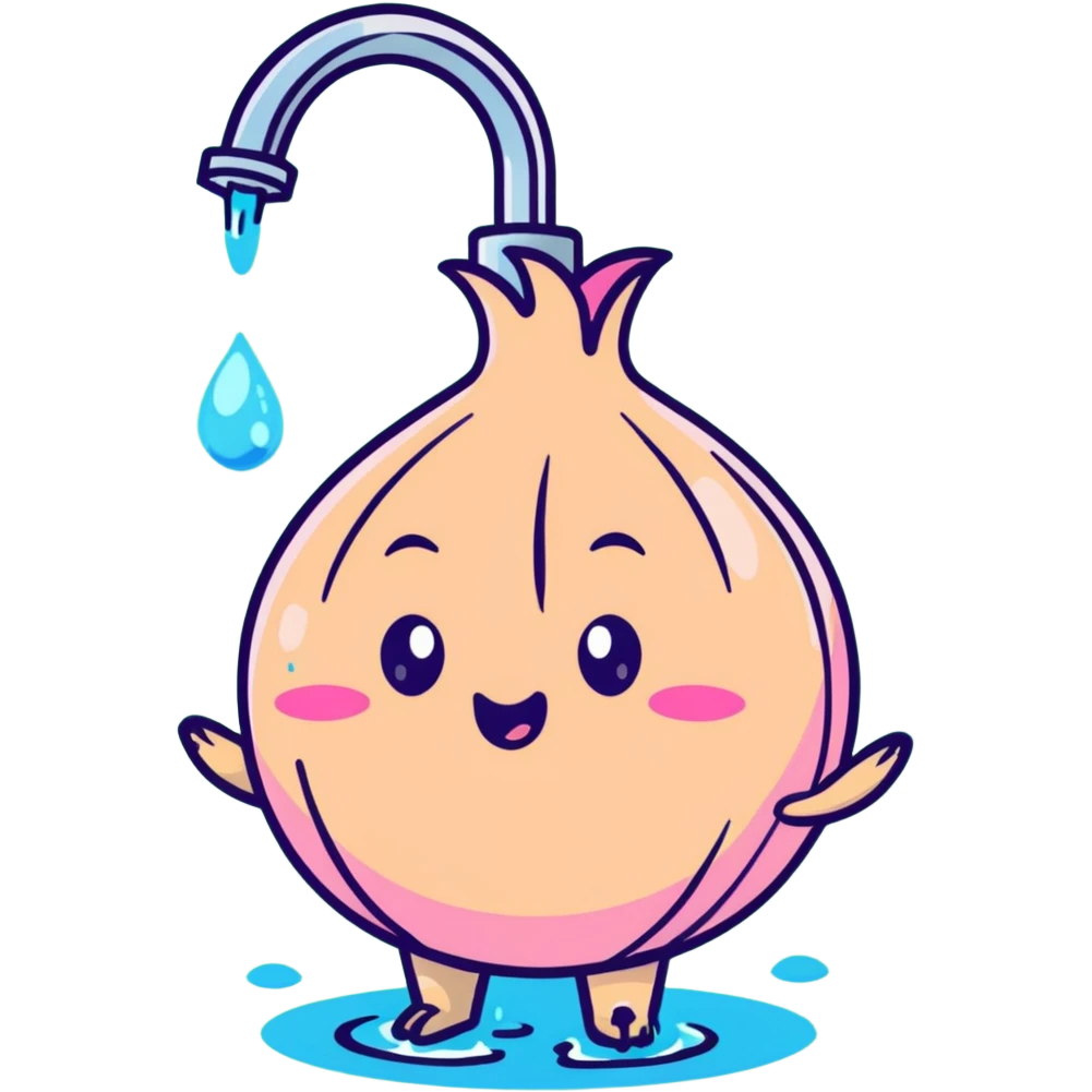 cute blushing onion character in shower, pink cheeks, shy expression, water pouring emoji