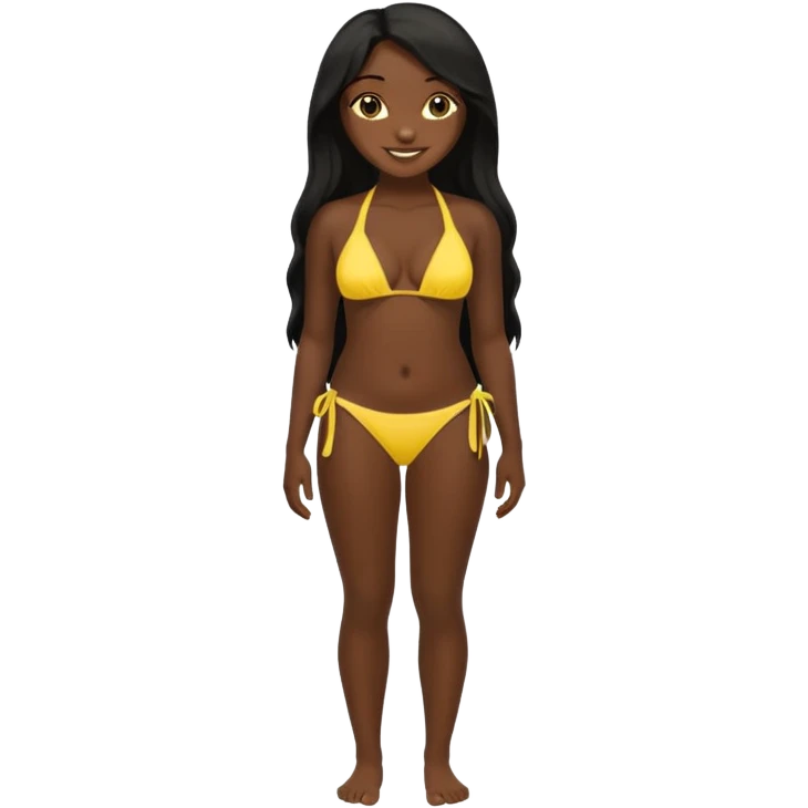 Dark black skin, african girl, long black hair, yellow bikini smiling, full body, curvy body. emoji
