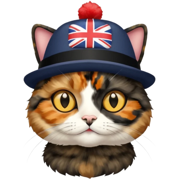 mostly black tortoiseshell cat, gold eyes, british hat emoji