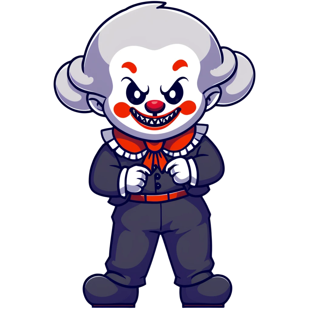 full-body demonic clown in black and white leisure suit with bellbottom pants, bald, black ram horns, flashy black and white belt, ruffled white shirt, no neck tie, large fangs, cartoon sticker style emoji