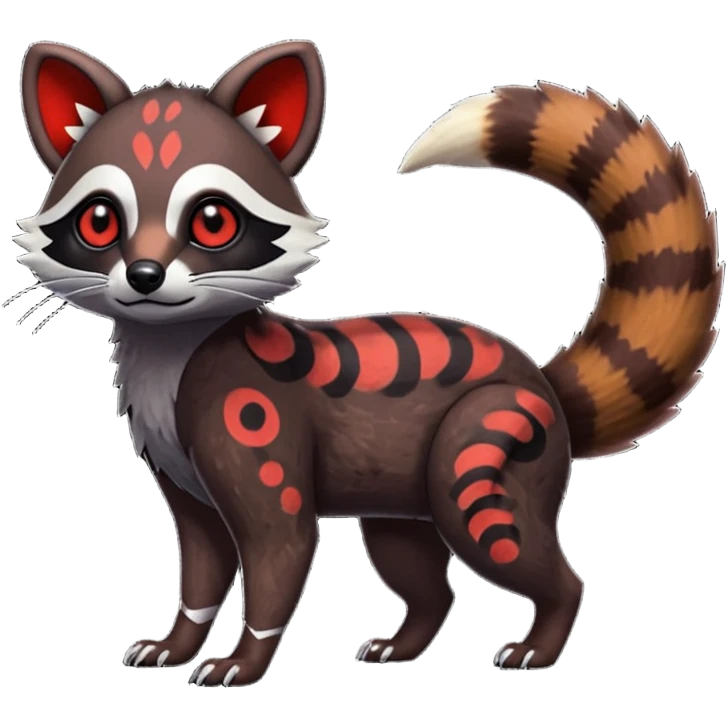 Rare warm-colored exotic edgy epic aesthetic gloomy spooky dark modern colorful cyber-Genet-Trico-Tanuki-Dingo-Civet-species-Fakemon-hybrid-creature, with beautiful intricate markings, full body emoji