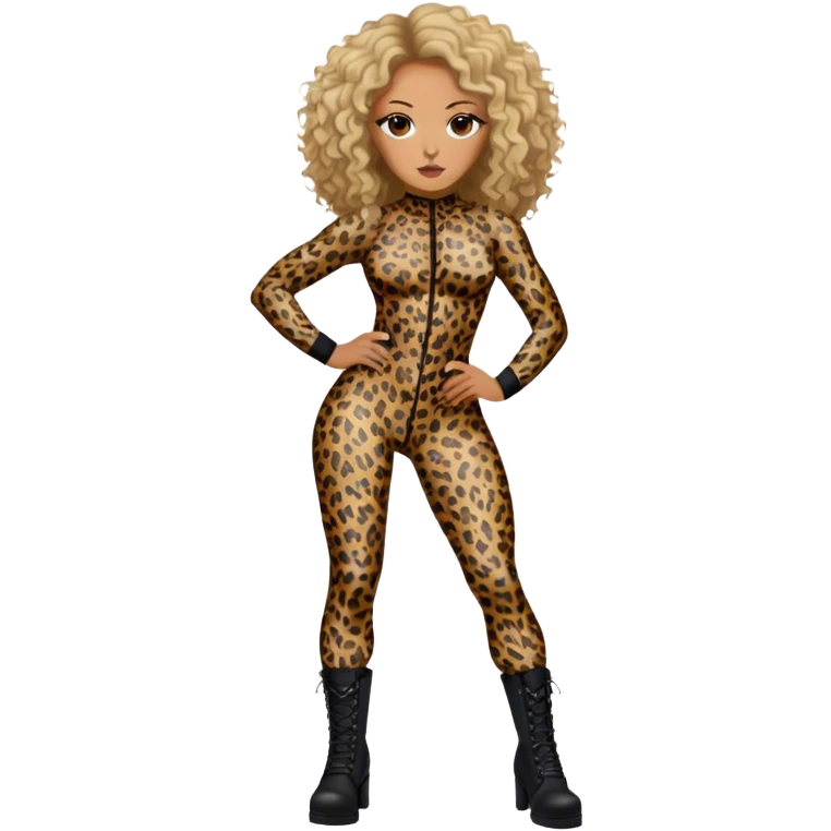 Melanie Brown with brown curls and blonde highlights wearing a tight leopard print two piece bodysuit and black combat boots emoji
