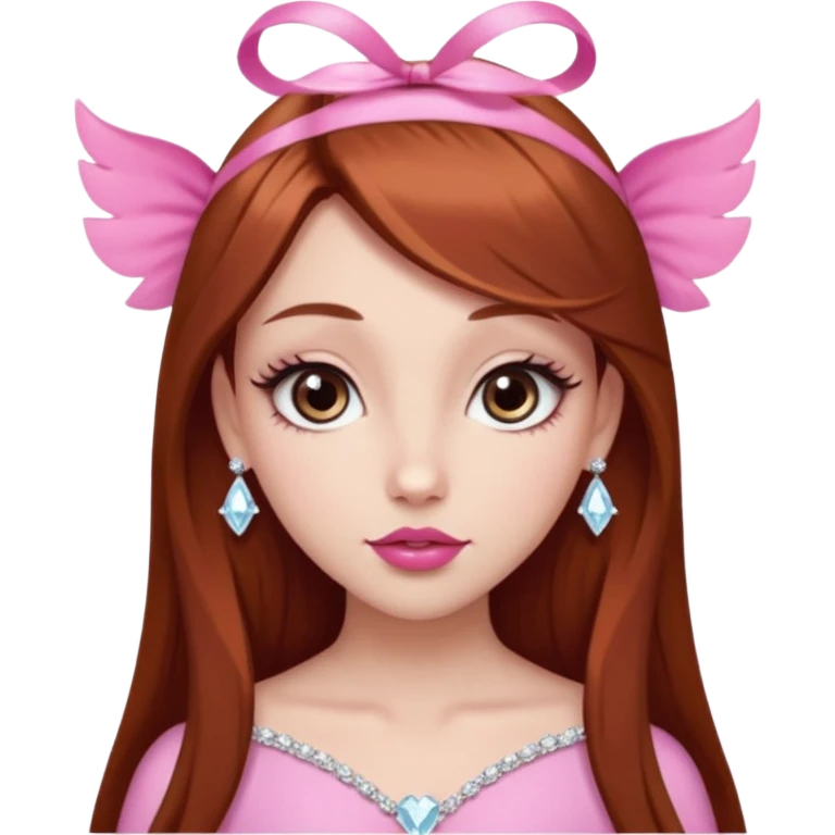 girl with fair skin, long straight reddish brown hair, big brown almond eyes, long eyelashes, thick dark eyebrows, straight nose, full pink lips with cupids bow, diamond face shape, clean girl aesthetic emoji