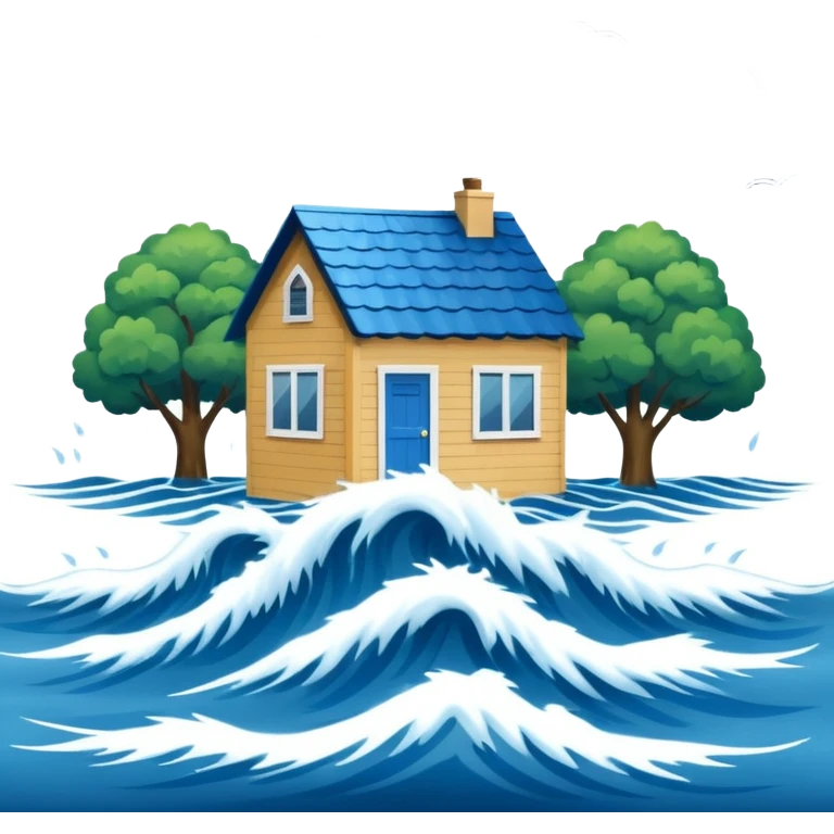 showing a flood disaster scene with powerful blue water waves overflowing around small houses and trees, dark cloudy sky, heavy rain falling, dramatic yet simple design emoji