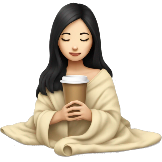 Asian girl inside a blanket sipping coffee eyes closed black hair emoji