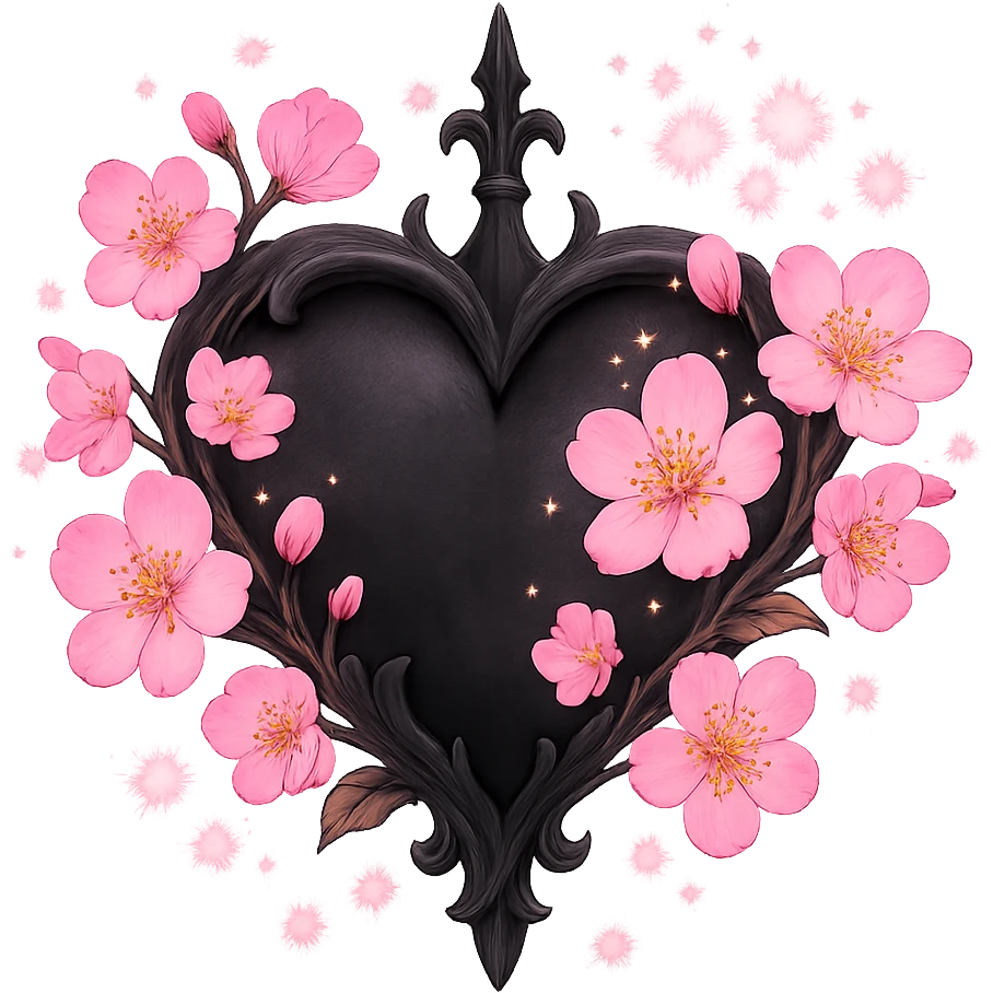 goth sakura heart, fantasy style, black heart with magical pink sakura, sparkles, whimsical and enchanting emoji