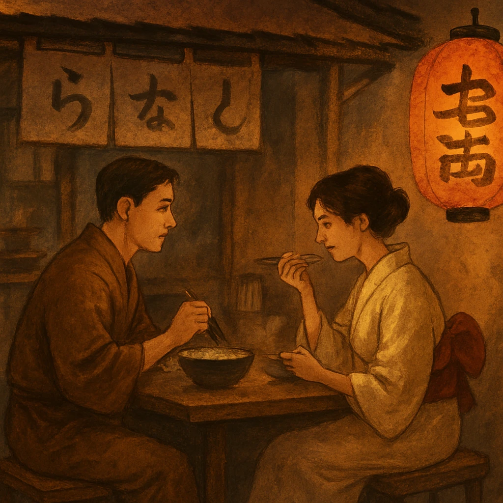 couple dining in Japanese street cafe
 emoji