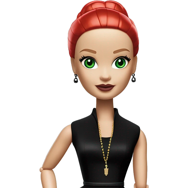  Wednesday Addams Barbie.  Small green eyes with light skin face. Earrings with matching necklaces Longer red hair. black flowing strapless tight evening gown neckline that’s off-the-shoulders shows her legs and black high heel shoes. emoji