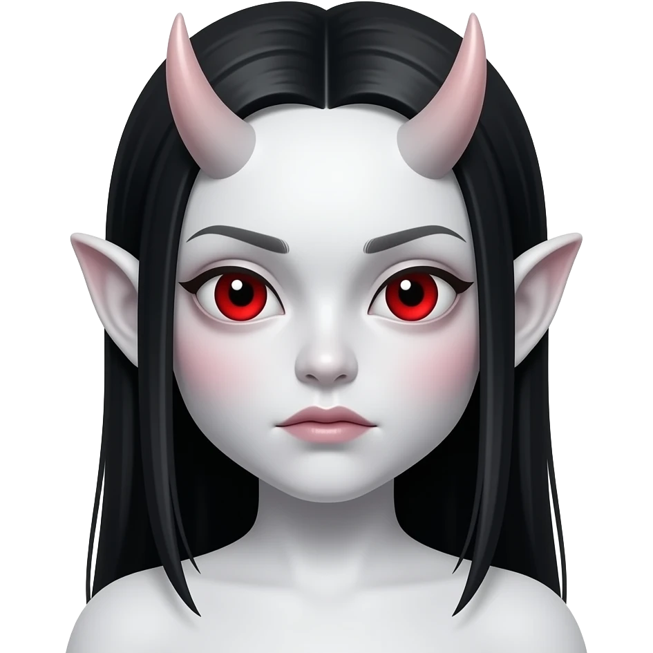 사악한 악마 흰 피부. 붉은 동공. 살색 커다란 귀. 큰 눈. 창백한. 붉은 눈. 붉은 홍조. 사악한 검정 머리.무표정. 가르마 긴 생머리. emoji