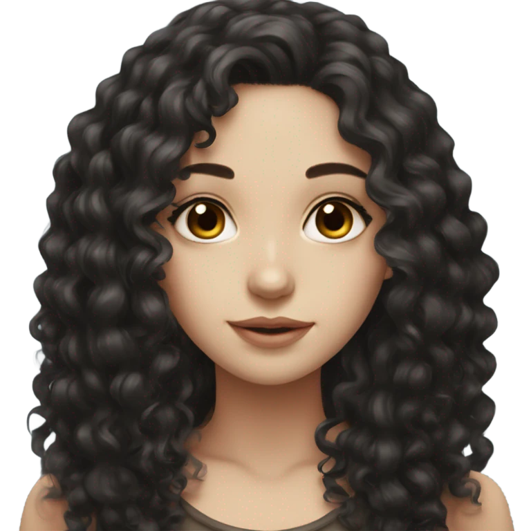 Beautiful girl, long black hair, curly hair, deep brown eyes, pale skin emoji