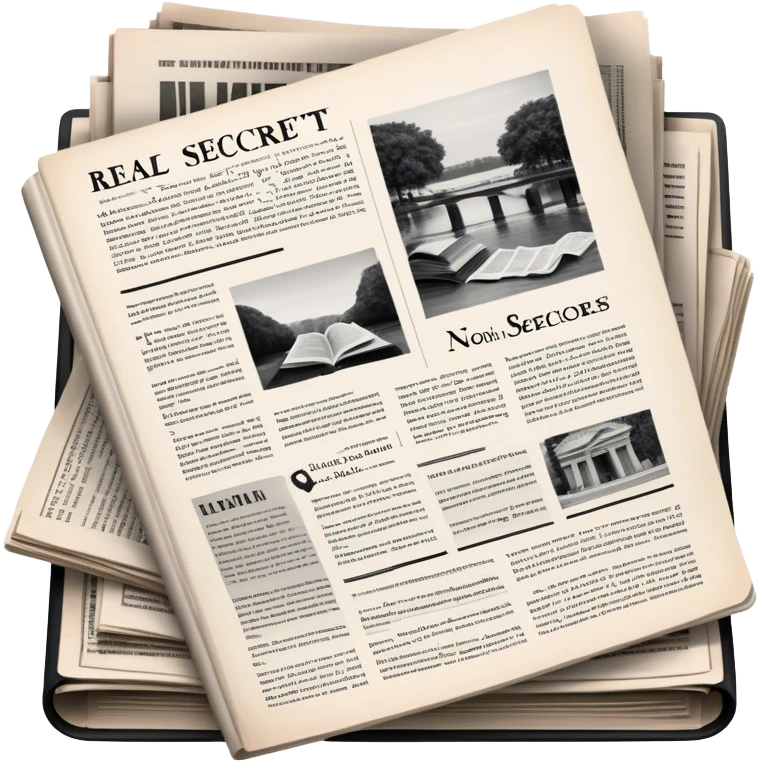 Icon for Non-Fiction & Narrative Reading: an open book with black-and-white photos on the pages, surrounded by a pile of newspaper clippings, and an open folder with top-secret documents. The icon should reflect the blend of real stories and facts in non-fiction literature. Transparent background. emoji