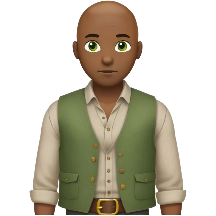 medieval outfit worn by a DnD themed fantasy character. basic linen shirt with a rough wool vest and a simple belt. clothes only above the waist. The clothes full waist. The character's haven't arms. character is bald, green eyes, dark-skinned man. emoji