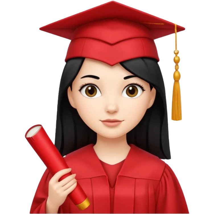 white girl with straight black hair in a red graduation cap and gown, holding diploma emoji