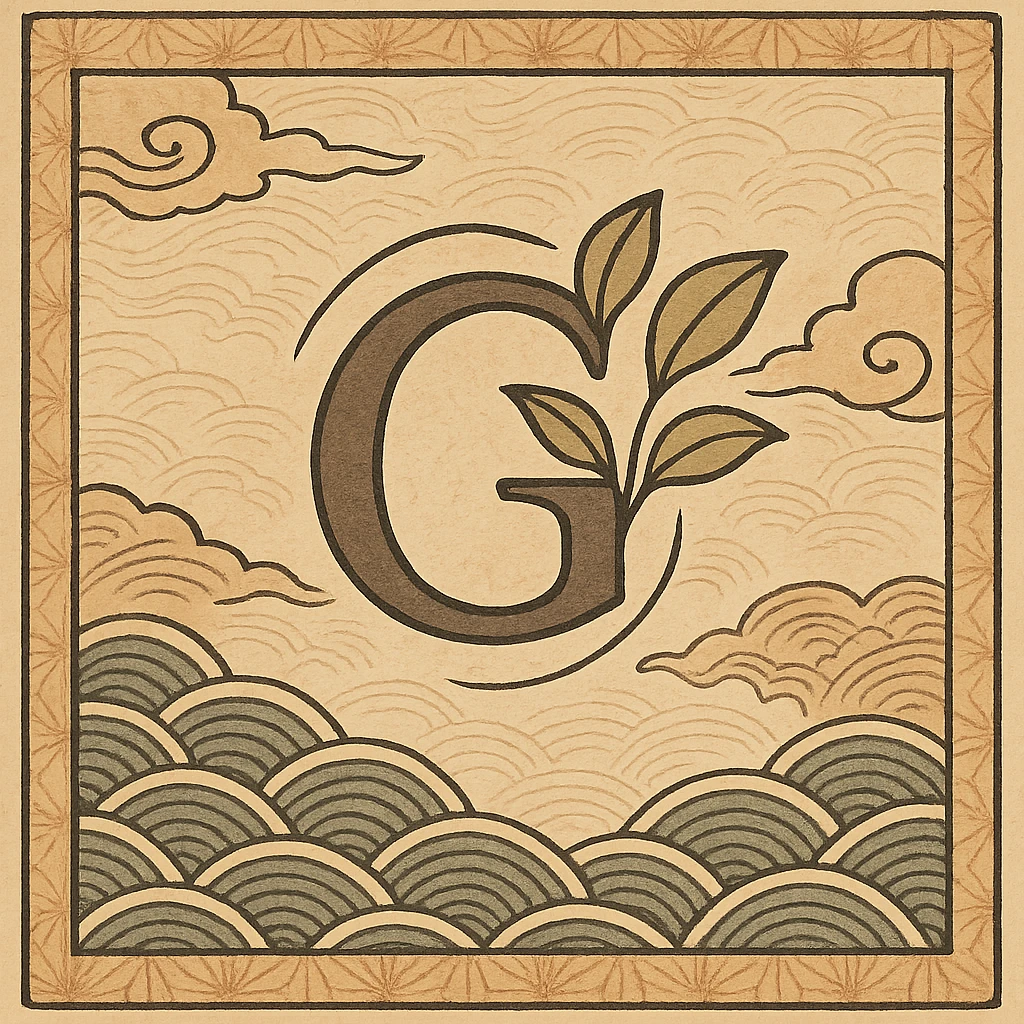 logo featuring the letter G with stylized leaves, elegant Japanese-inspired design, traditional ukiyo-e background with waves or clouds emoji