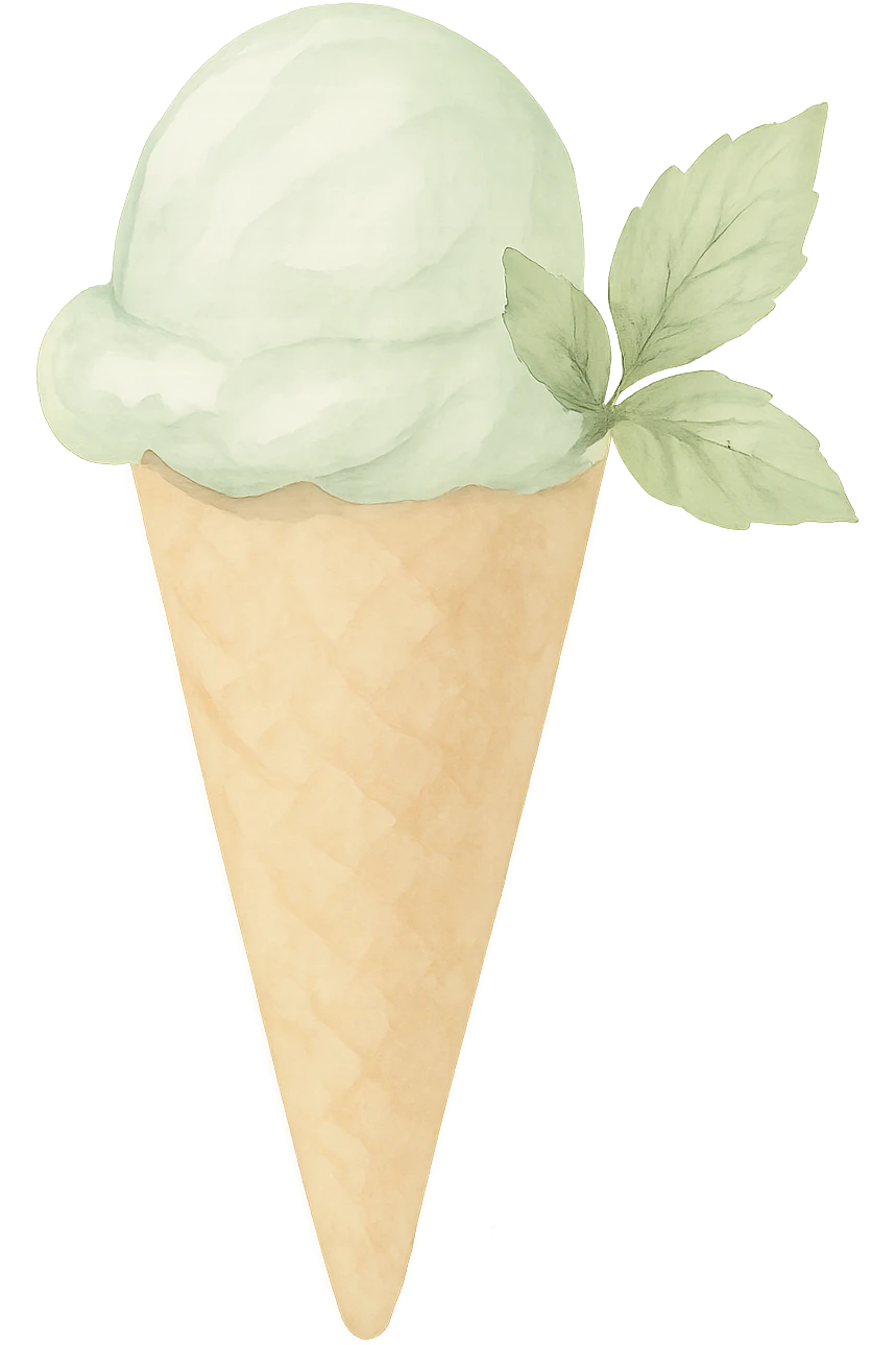 mint ice cream cone, soft cone, light green ice cream with brush strokes, delicate mint leaves, watercolor style emoji