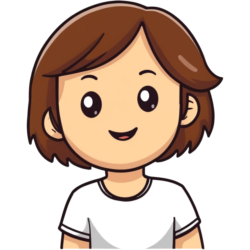 White girl with medium length brown hair, happy expression emoji