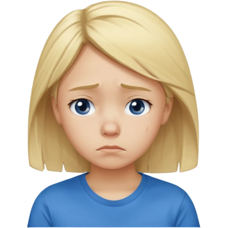 Young girl with blonde hair and a blue T-shirt, looking sad and discouraged emoji