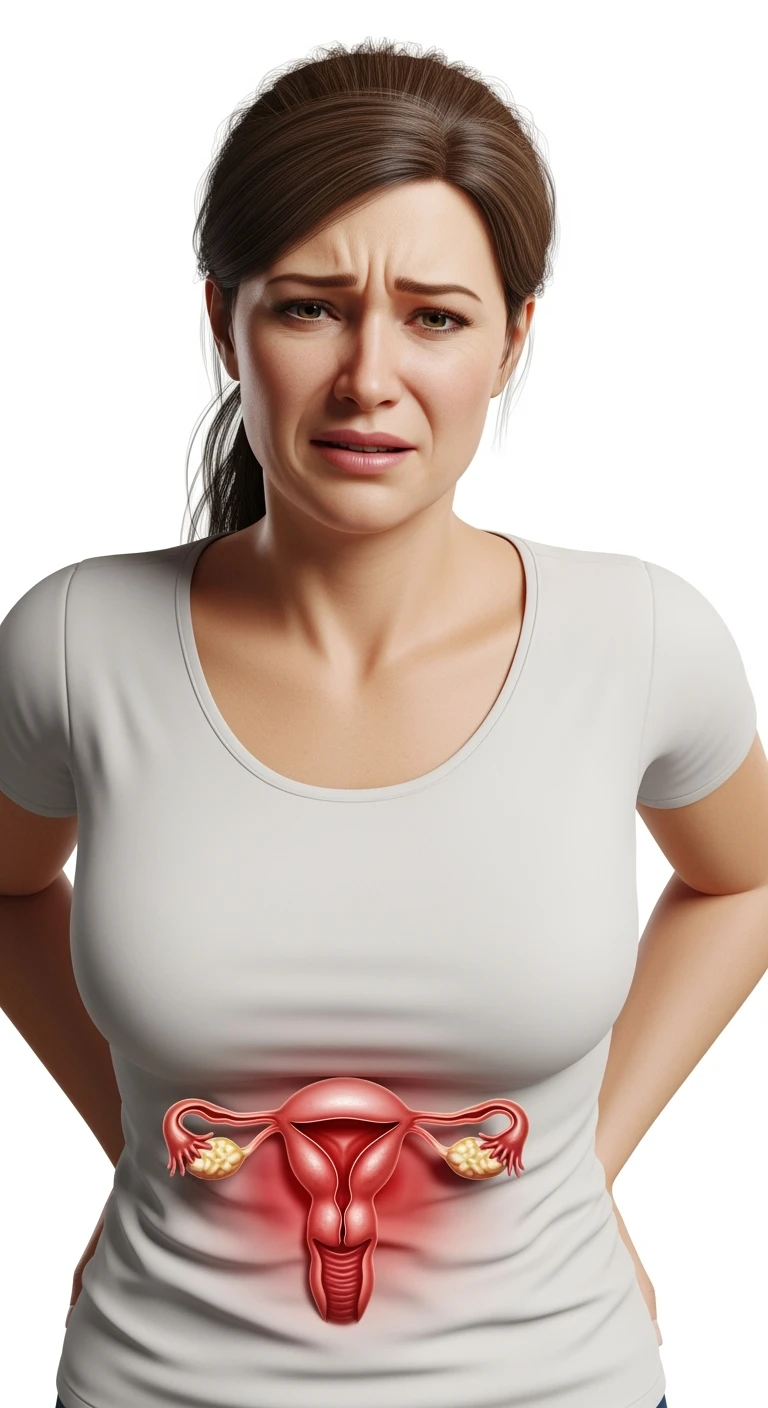 donna con utero umano realistico in evidenza dolorante, espressione di dolore in volto, sfondo bianco, non farla computerizzata, ma iperrealistica 4k emoji