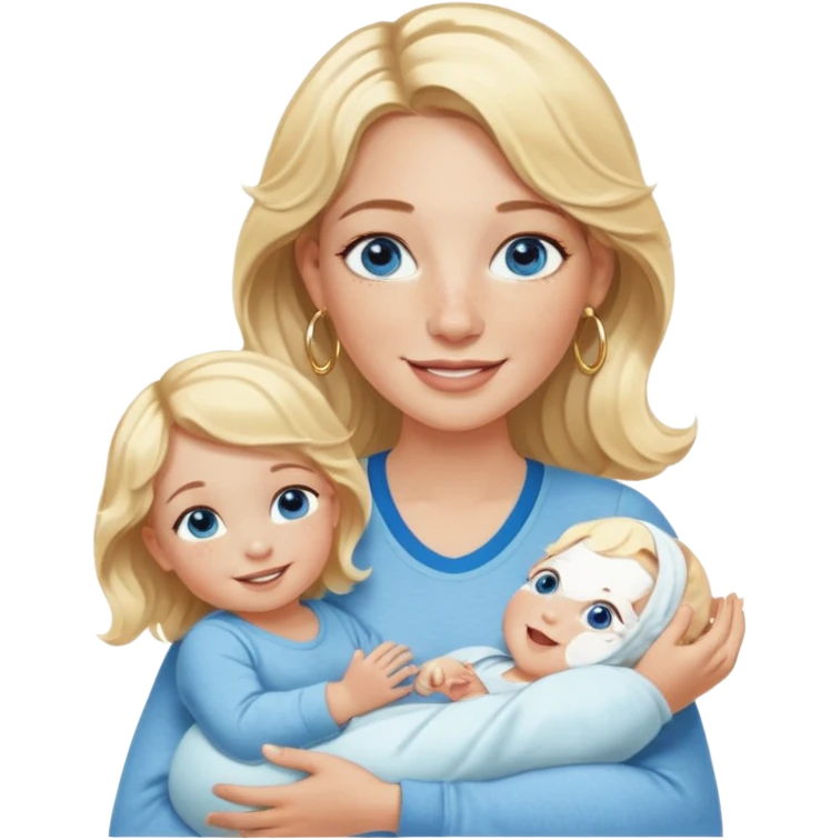 Wavy blonde, white woman with blue eyes, freckles hoop earrings, holding babies smiling and really cute in gold hoops she needs to be holding three newborns, and she needs to be more cute than pretty emoji