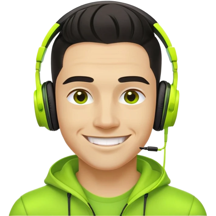 yellow-skinned guy head with slicked back black undercut hair and neon green headphones, smiling emoji