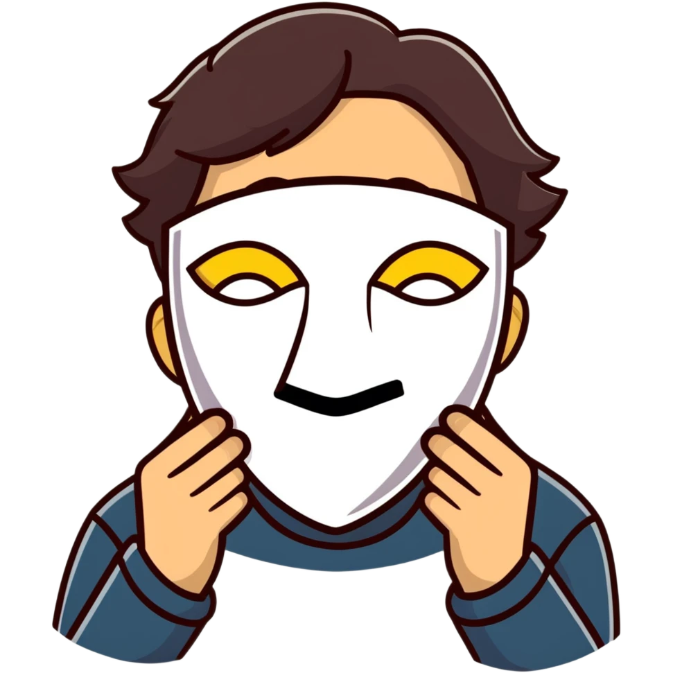 person holding a happy mask in front of their face, sad behind it emoji