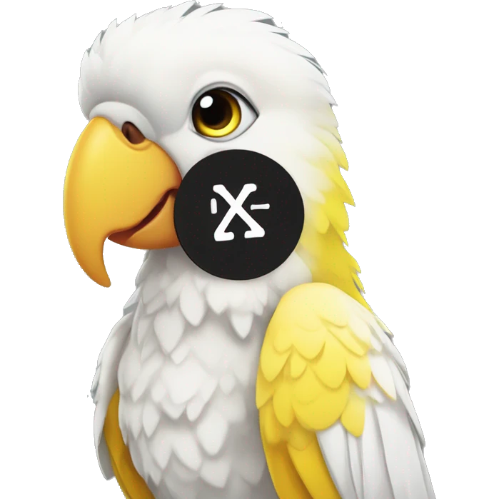 white and yellow parrot  holding a sign with the black inscription i love you emoji