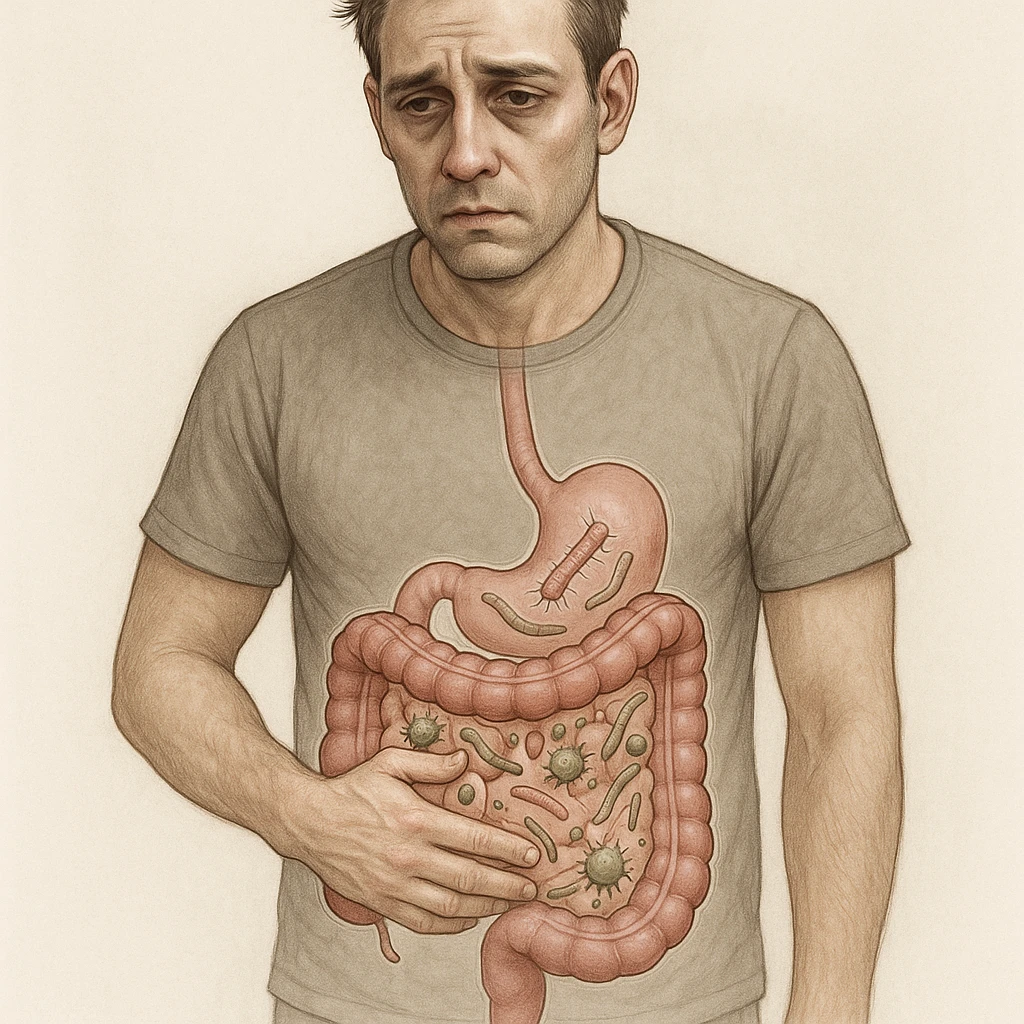 Realistic and medical illustrative style of a 35-year-old man with a distressed expression, hand on stomach, sunken eyes, dull skin. Transparent schematic intestine with parasites and bacteria in dysbiosis. emoji