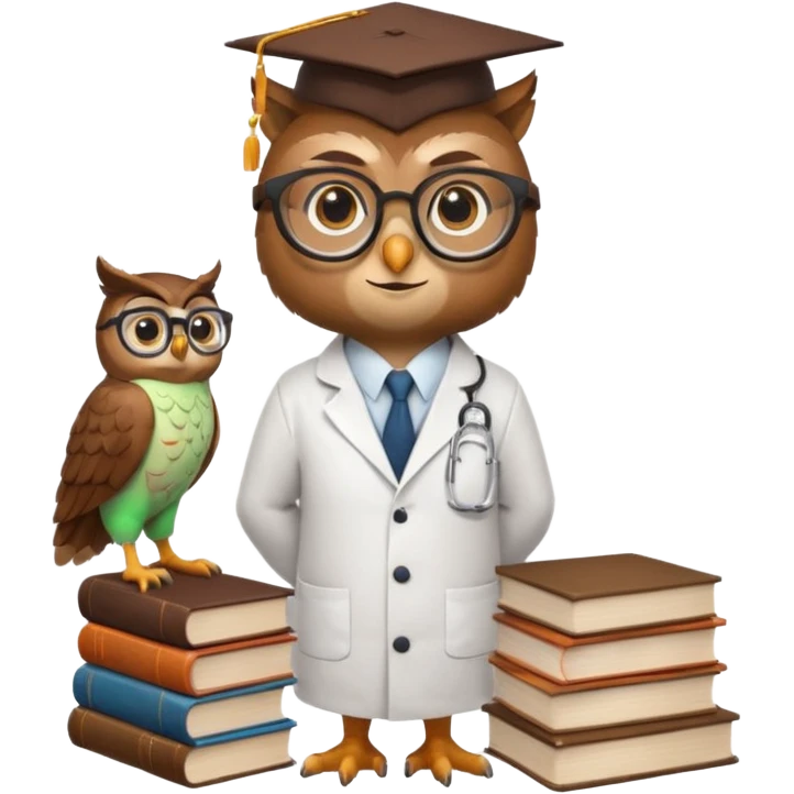 Wise owl with glasses, wearing a lab coat, perched on a stack of books. emoji