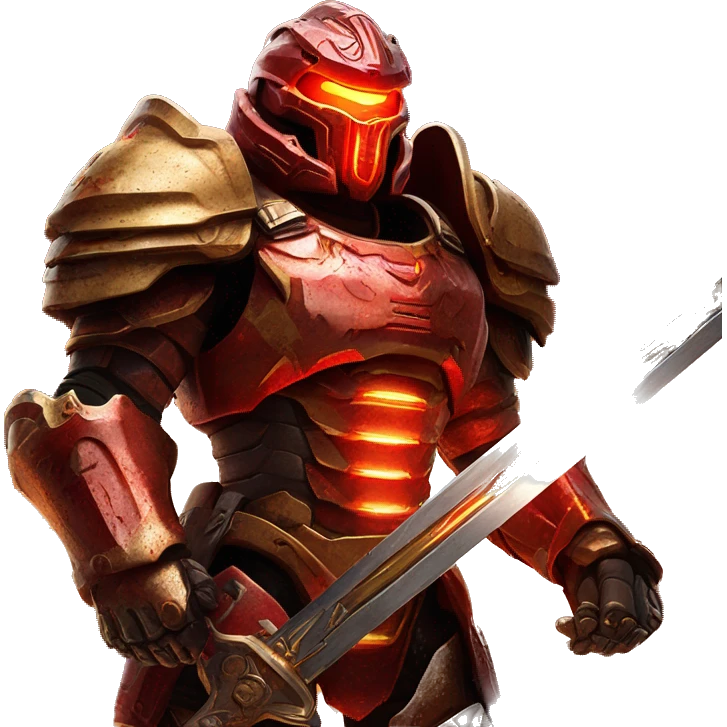 the Doom Slayer, a formidable armored warrior from a sci-fi game, clad in detailed red and gold armor, wielding a glowing sword against an apocalyptic backdrop. emoji