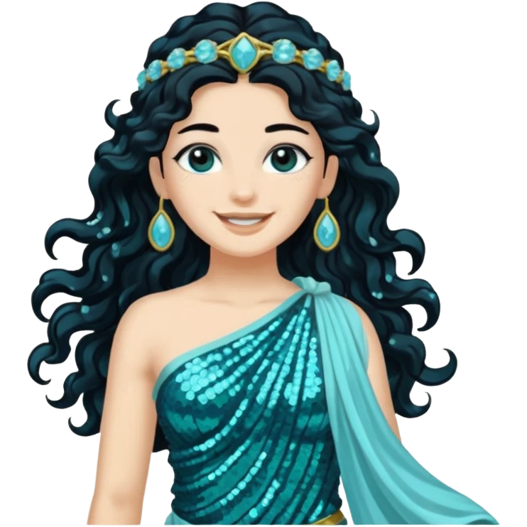 Salacia, Goddess of Seawater from Roman Deities with long jet black wavy hair, aquamarine sequin toga  emoji