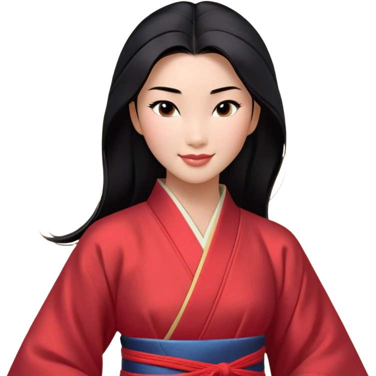 Cinematic Realistic Radiant Mulan Portrait, presenting Mulan with a warm, confident smile and lifelike light-toned skin that appears almost luminous under natural daylight. Her sleek black hair is rendered in meticulous detail, and her traditional robe—accented with understated red highlights—is depicted with realistic fabric textures and folds. The overall image exudes a gentle, inviting glow, high shine, and refined detail that captures her poised elegance and inner resilience in a painterly, authentic style. emoji