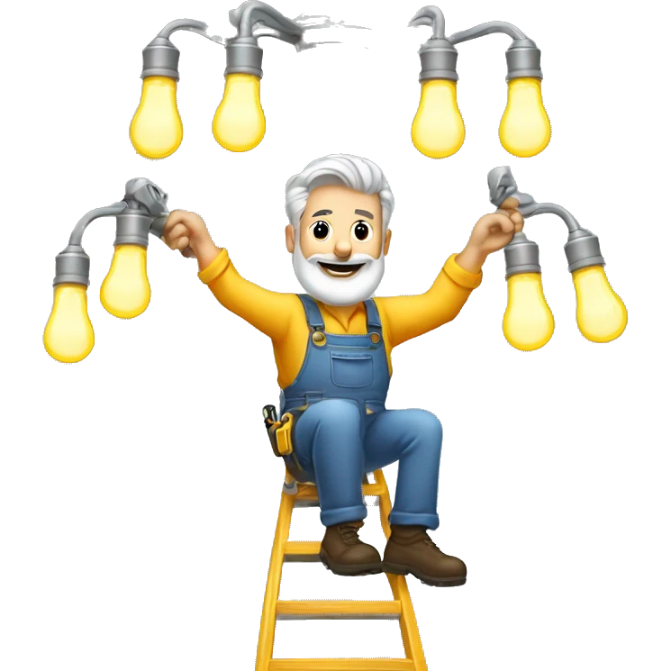 Gray hair bearded handyman on ladder changing lightbulbs on a chandelier  emoji