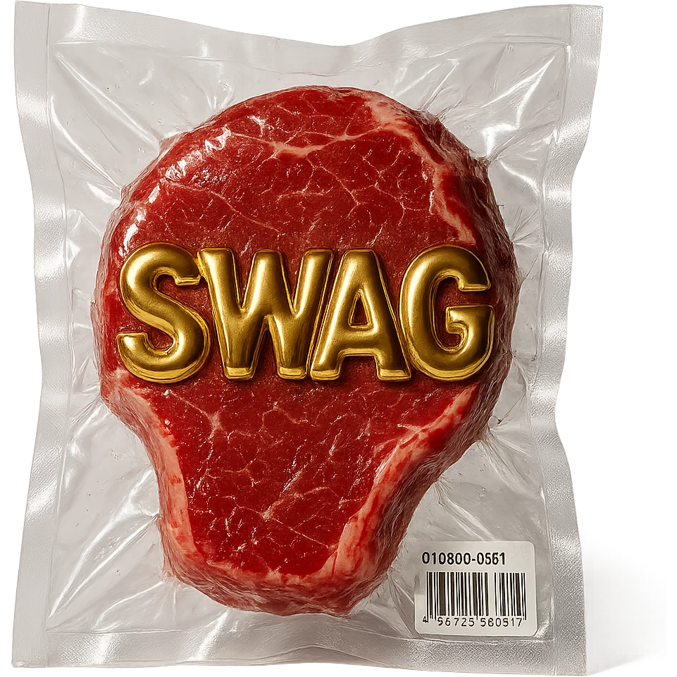 juicy steak with shiny gold 'SWAG' text across the surface, shiny and inflated vacuum-sealed style emoji