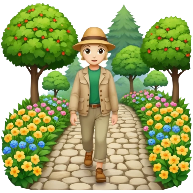 somone walking in a garden on a path with flower and trees around him emoji