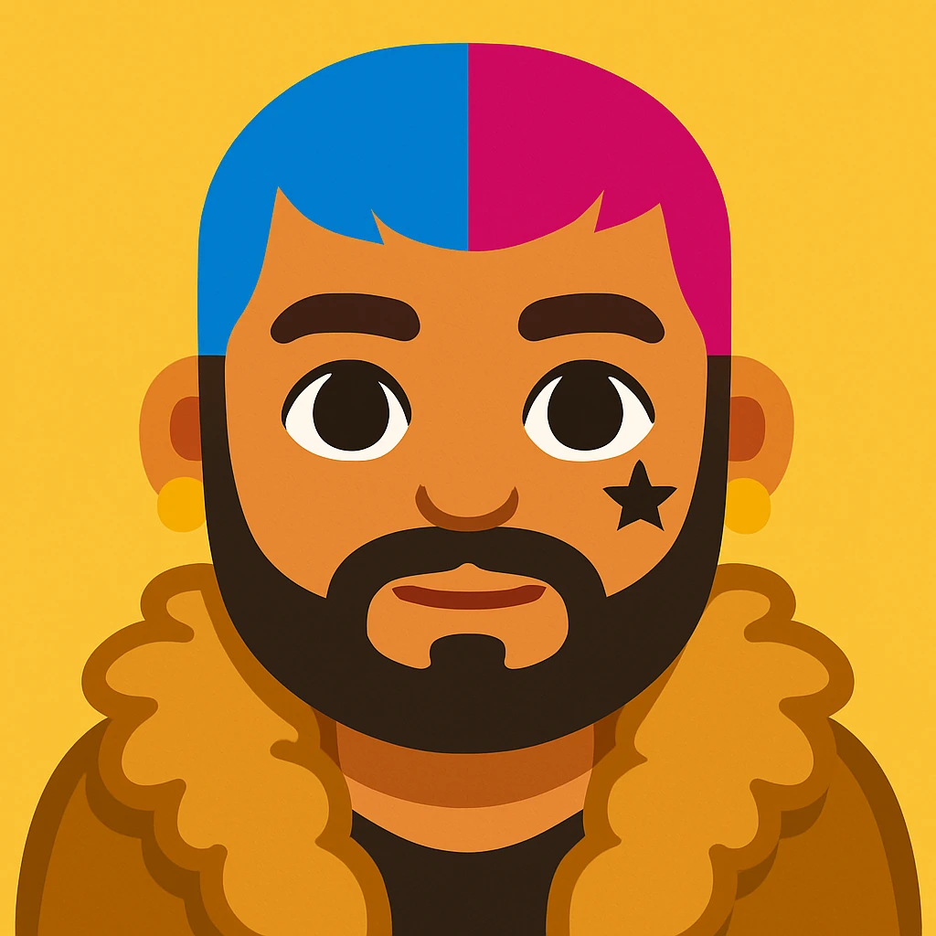 Create an emoji style image of a character with short blue and pink hair, beard, earrings, facial tattoo, wearing a fur coat, and natural skin tone. The style should resemble emoji style. emoji