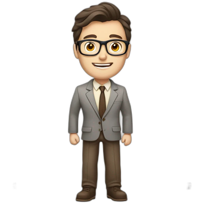 Pale skinned fit man with dark brown hair in gray jacket, beige office shirt, brown tie, brown pants and vintage glasses Writing text on the flipchart emoji